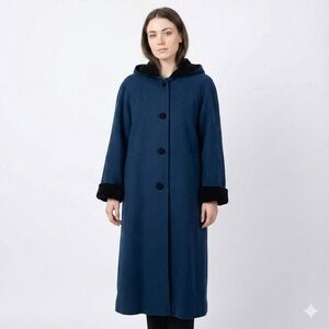 MDP Mario De Pinto Velvet Trim Wool Long Coat Hood Blue Size 10P
